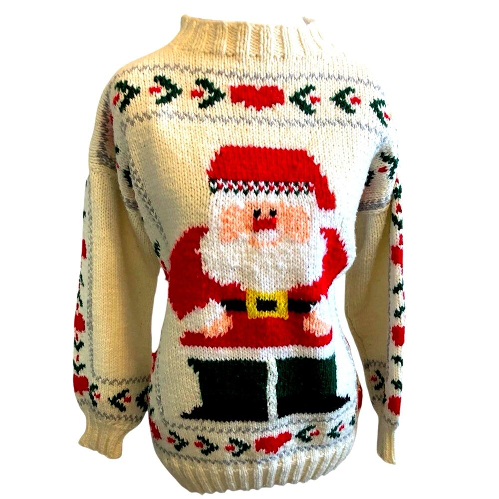 Vtg 80s 90s Hand Knit Christmas Sweater Santa Claus Ugly Holiday Berek Style M/L